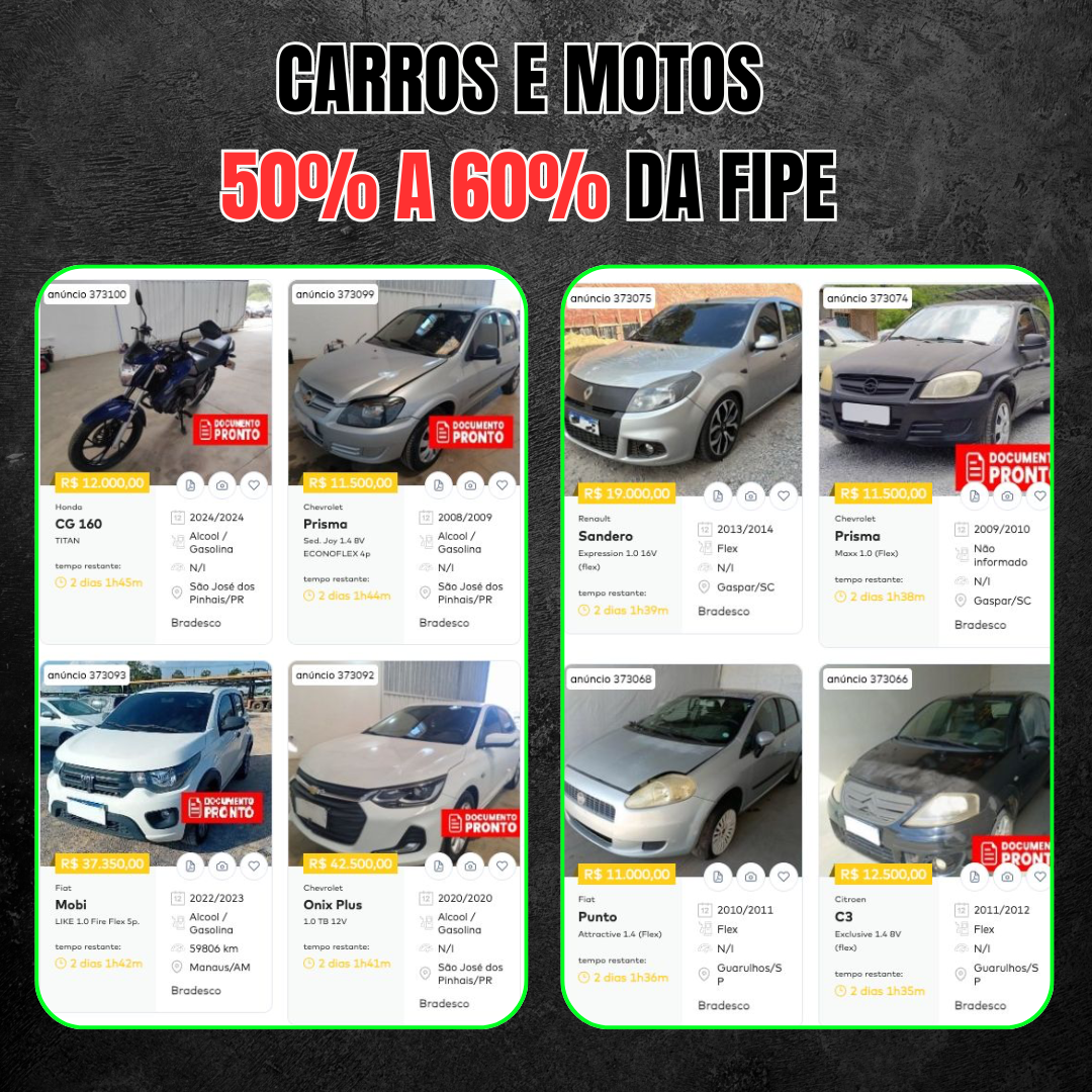 Catálogo de carros e motos com preços 50% a 60% da FIPE